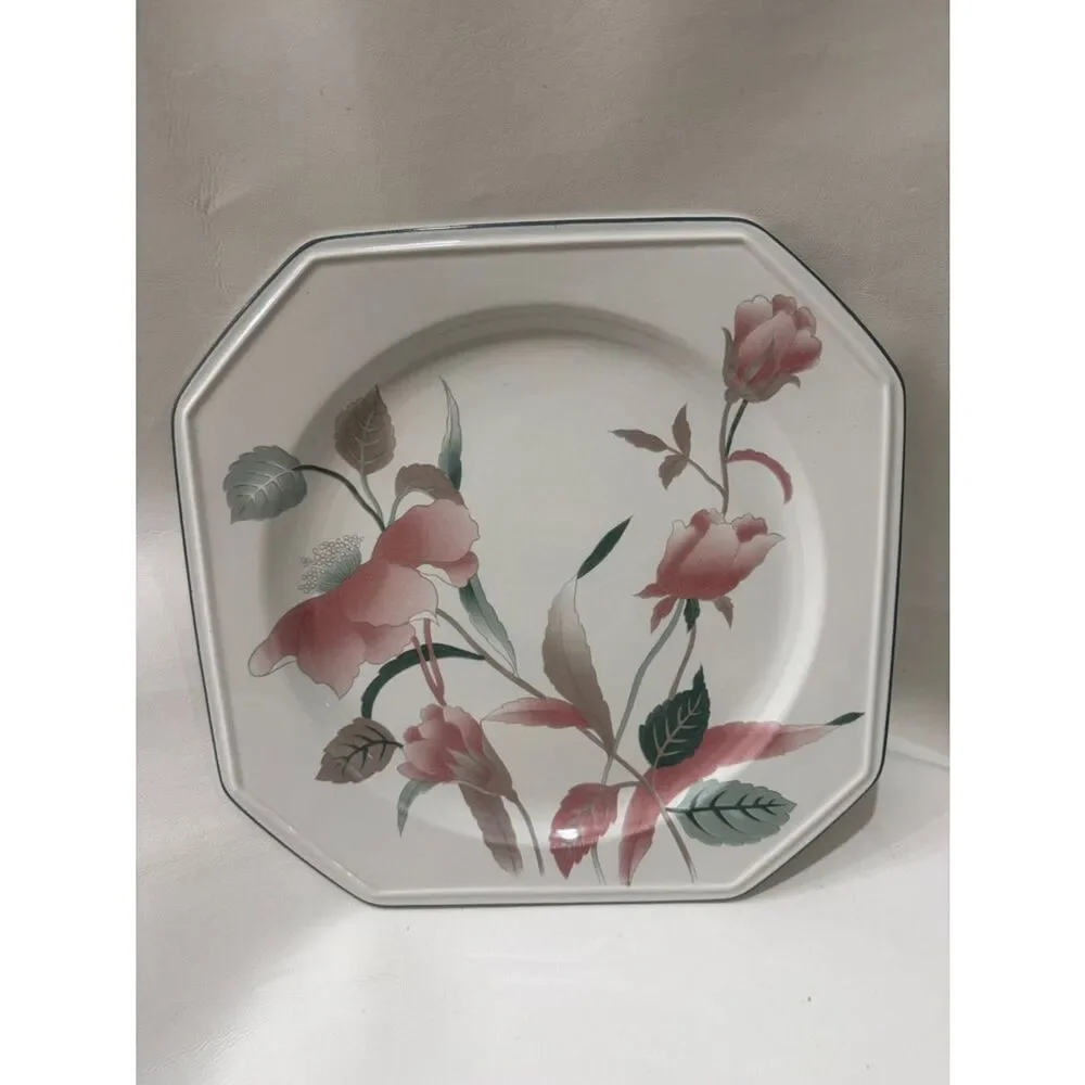 Mikasa Pink Floral Serving 12 X 12 In Platter Plate Green Leaves Silver Trim